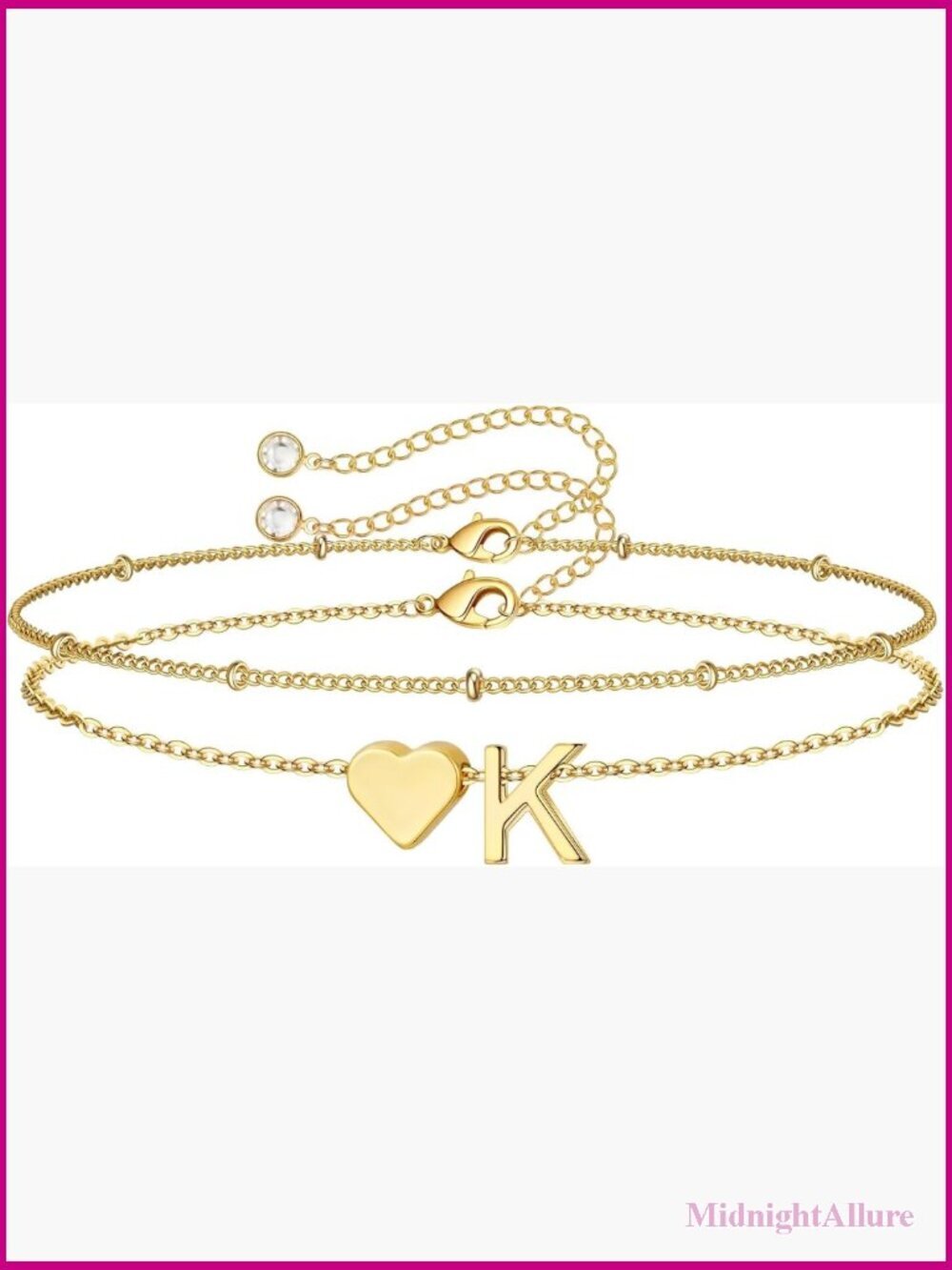 14K Gold Plated Initial Heart Charm Bracelet Adjustable Dainty